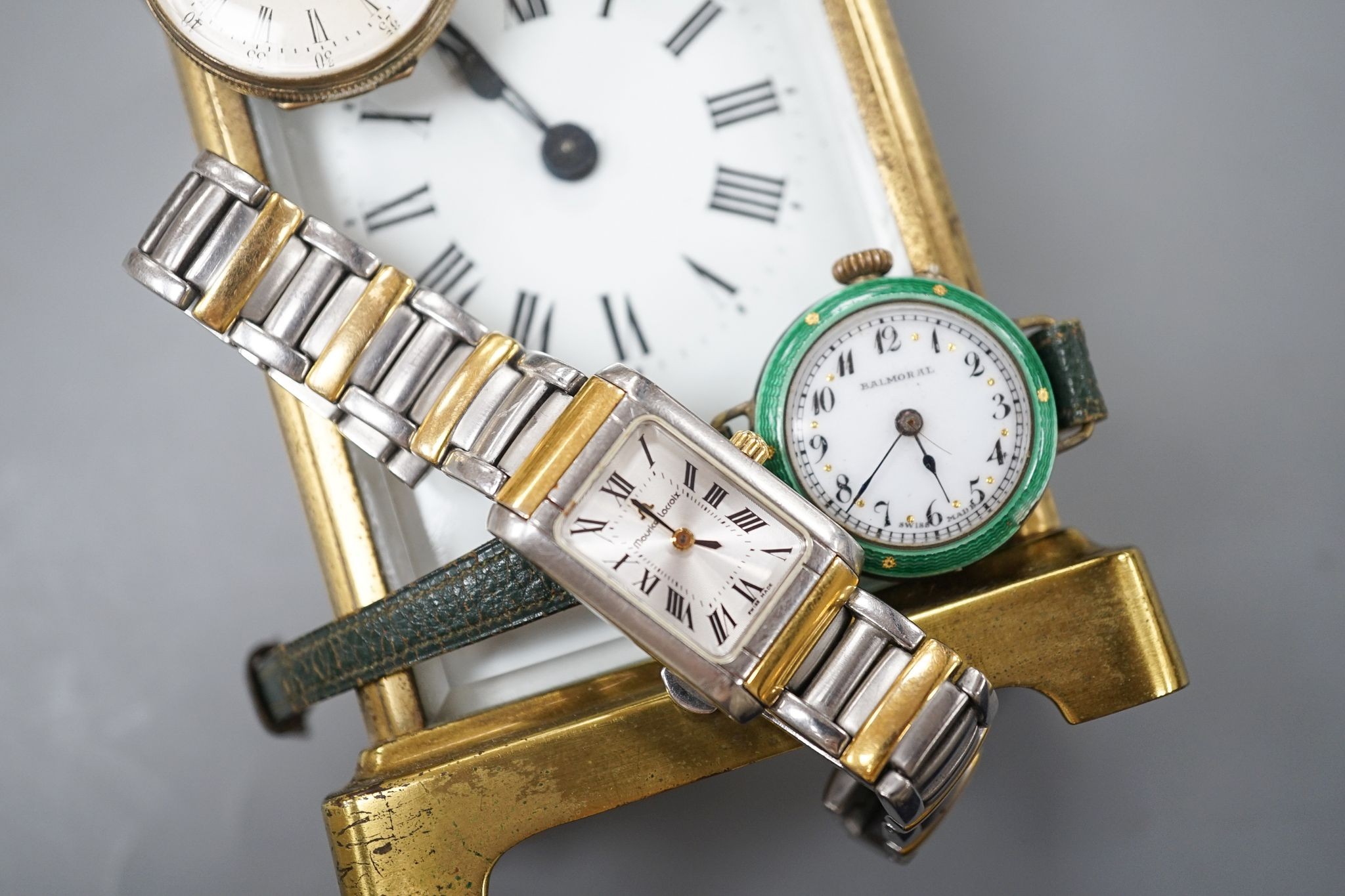 A Maurice Lacroix wrist watch, a carriage timepiece and three other watches including enamel(a.f.).